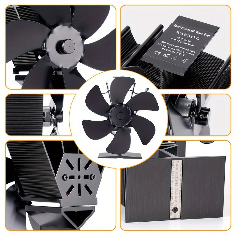 Black 6 Blade Fireplace Fan for Log Burner, Eco-Friendly, Quiet Heat Distribution
