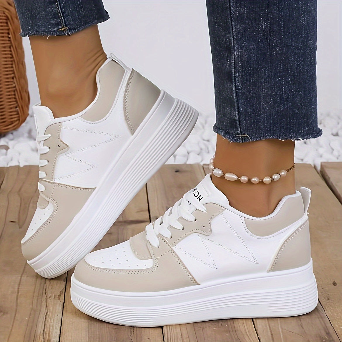 Women's White Beige Lace-Up Sneakers Synthetic Rubber Sole All-Season Casual
