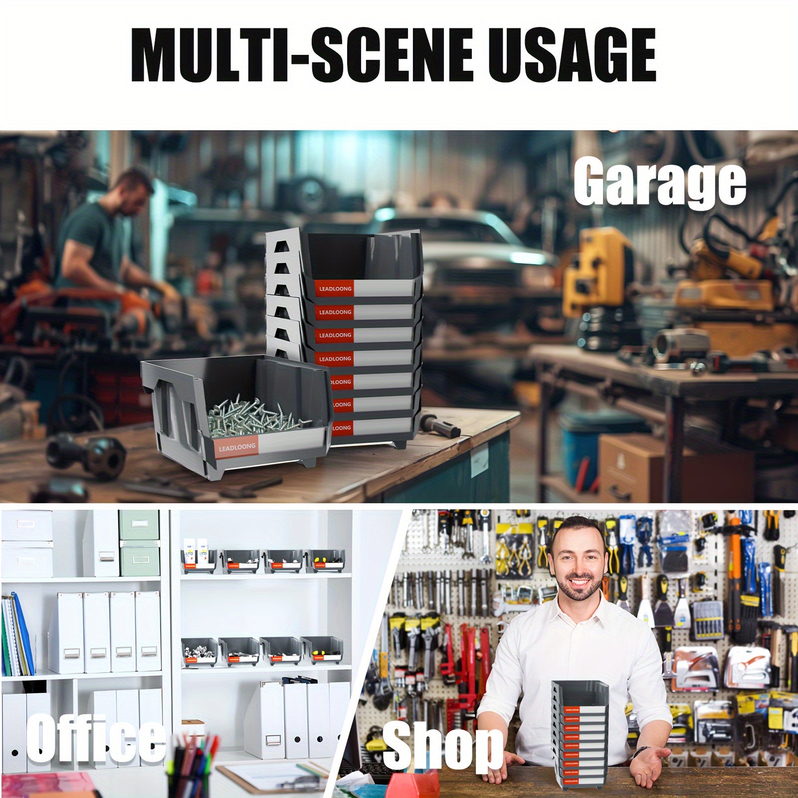 Set of 6 Gray Plastic Storage Bins for Garage Tools and Car Accessories 13.5x10.5x7.6cm