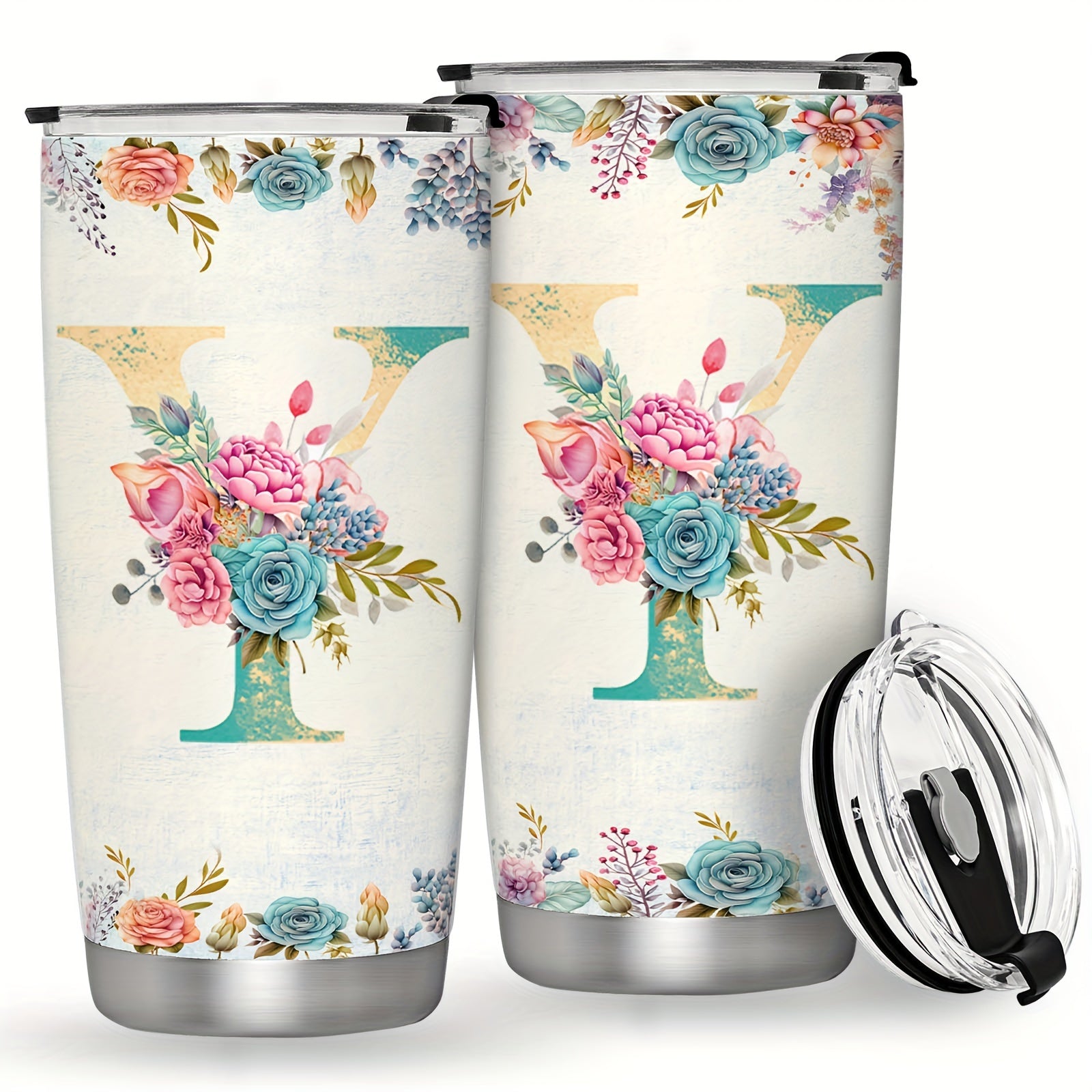 20oz Stainless Steel Tumbler with Monogram Floral Design Leak Proof Lid for Outdoor Use