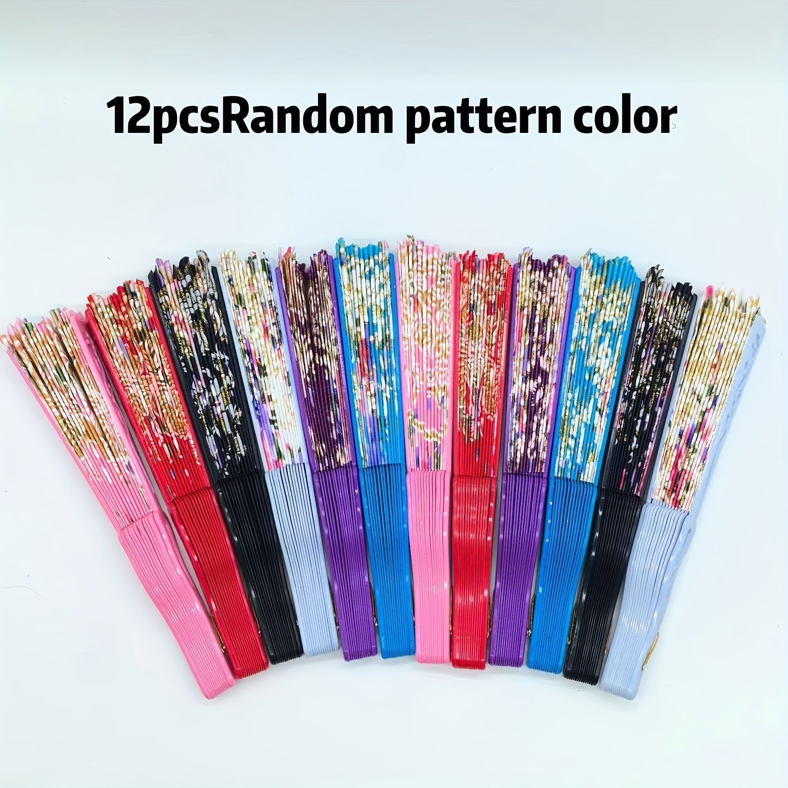 Set of 12 Floral Folding Fans Linen Fabric with Gold Glitter Patterns