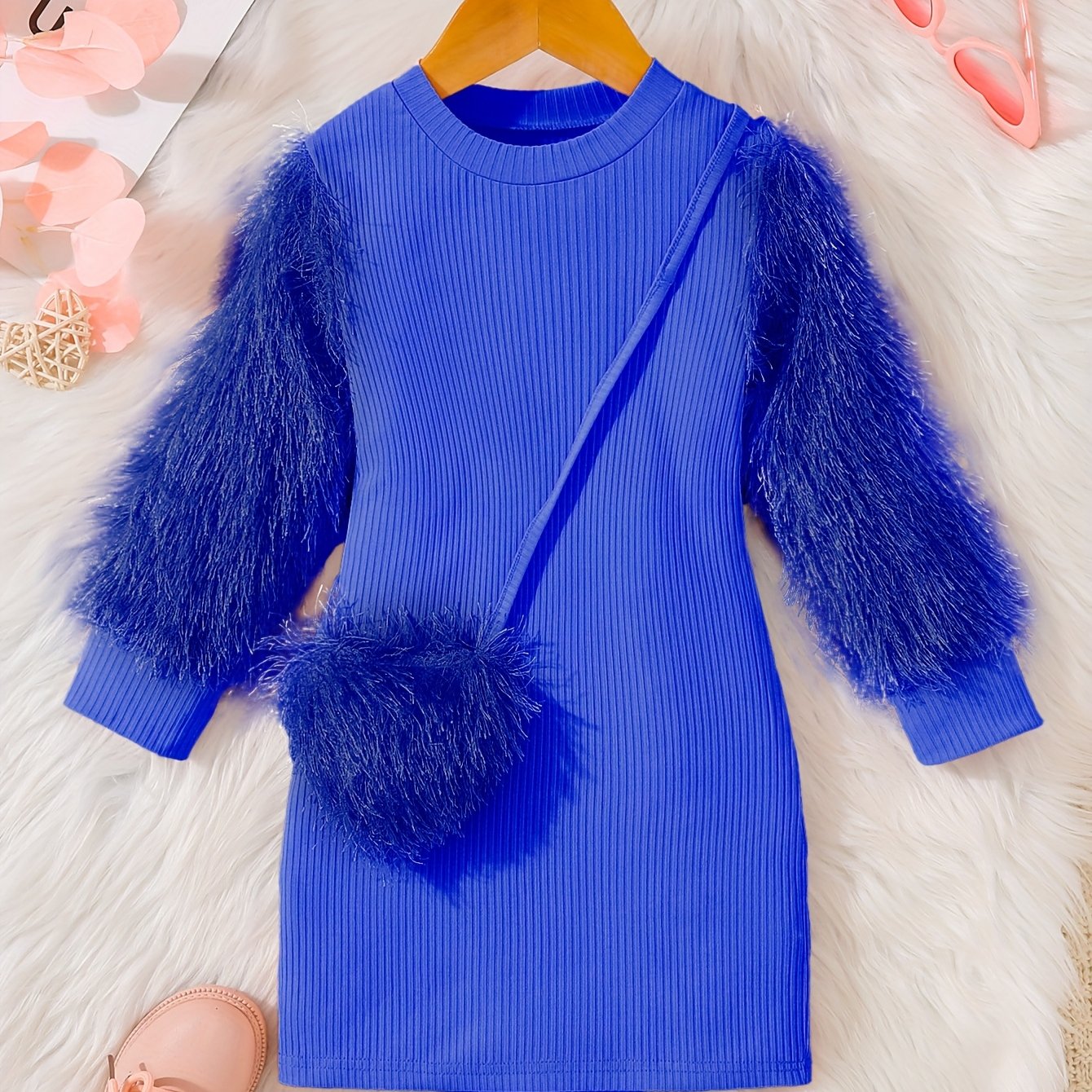 Girls' Pink Tassel Sleeve Dress with Bag Detail for Spring and Fall