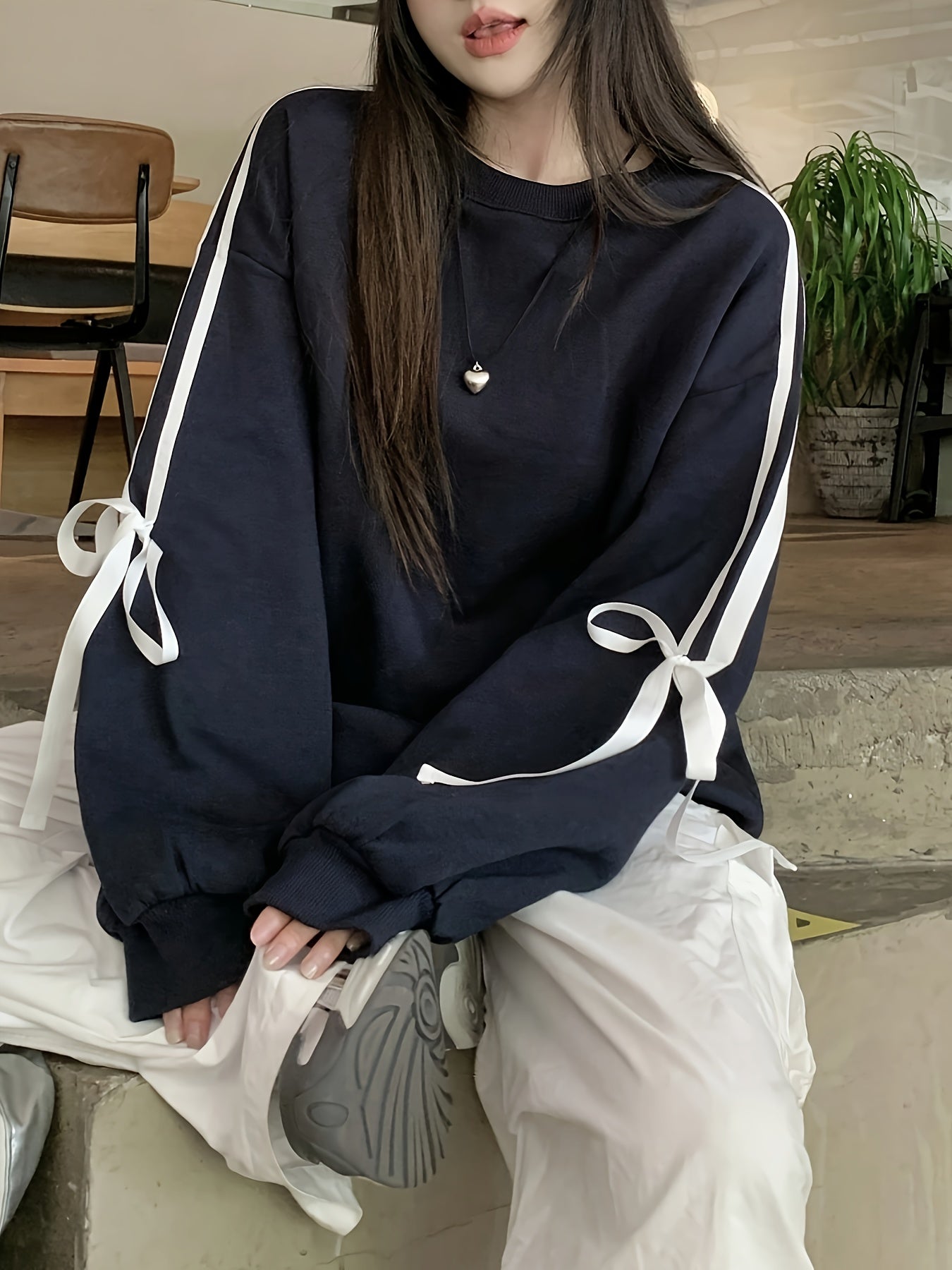 Women's Black Crew Neck Sweatshirt with White Bow Detail Polyester Casual All Seasons