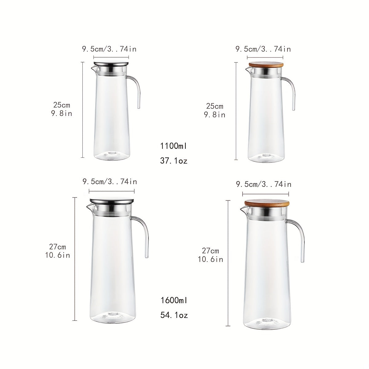 Water Pitcher with Lid 37.1oz/54.1oz Heavy Duty Stainless Steel or Wooden for Juice Tea