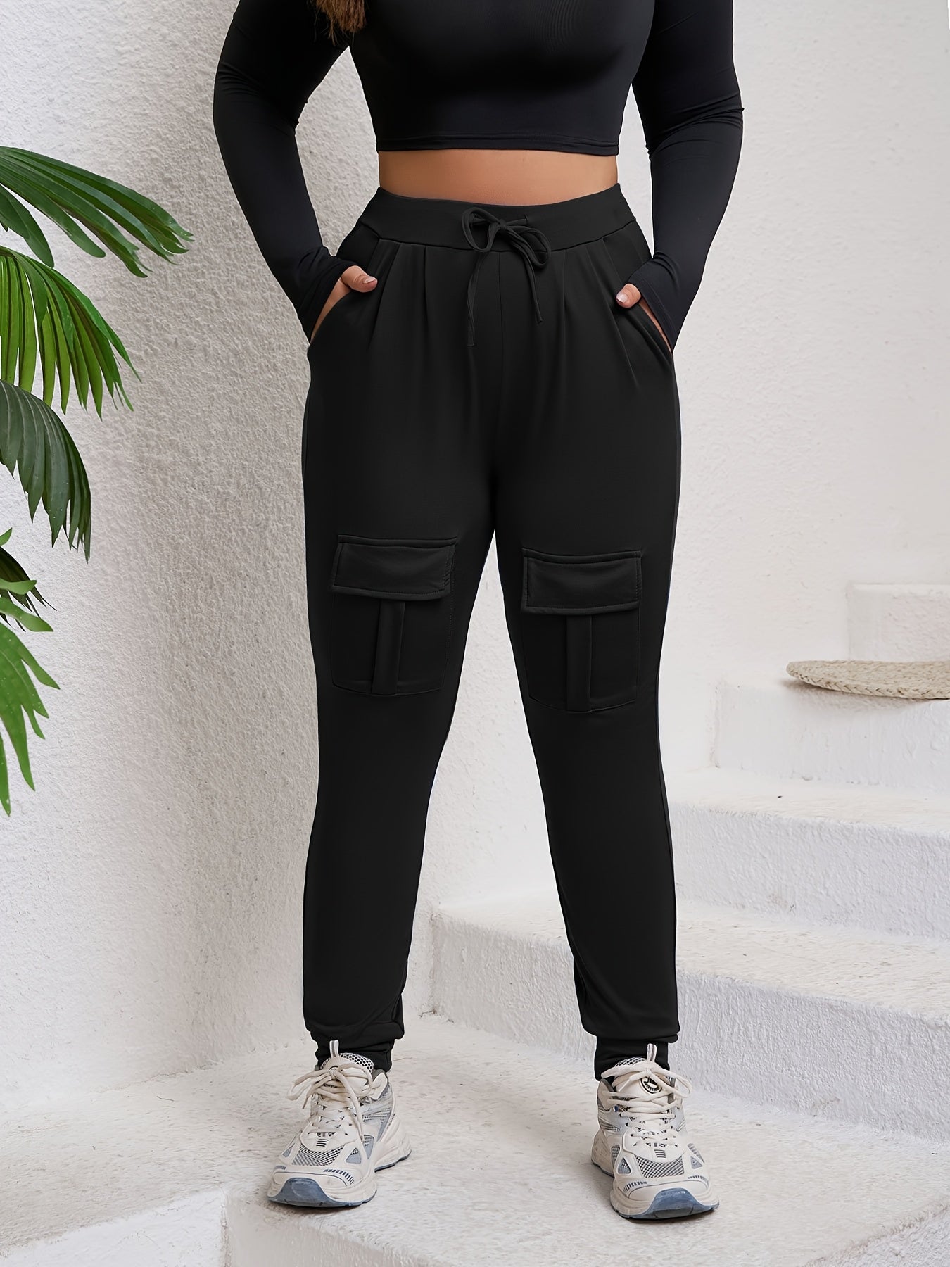 Plus Size Elastic Waist Cargo Joggers Black Casual Work Pants