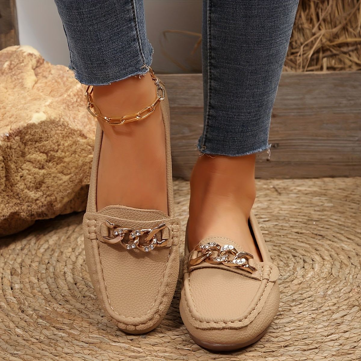 Women's White Faux Cover Loafers with Gold Chain Slip-On Flats