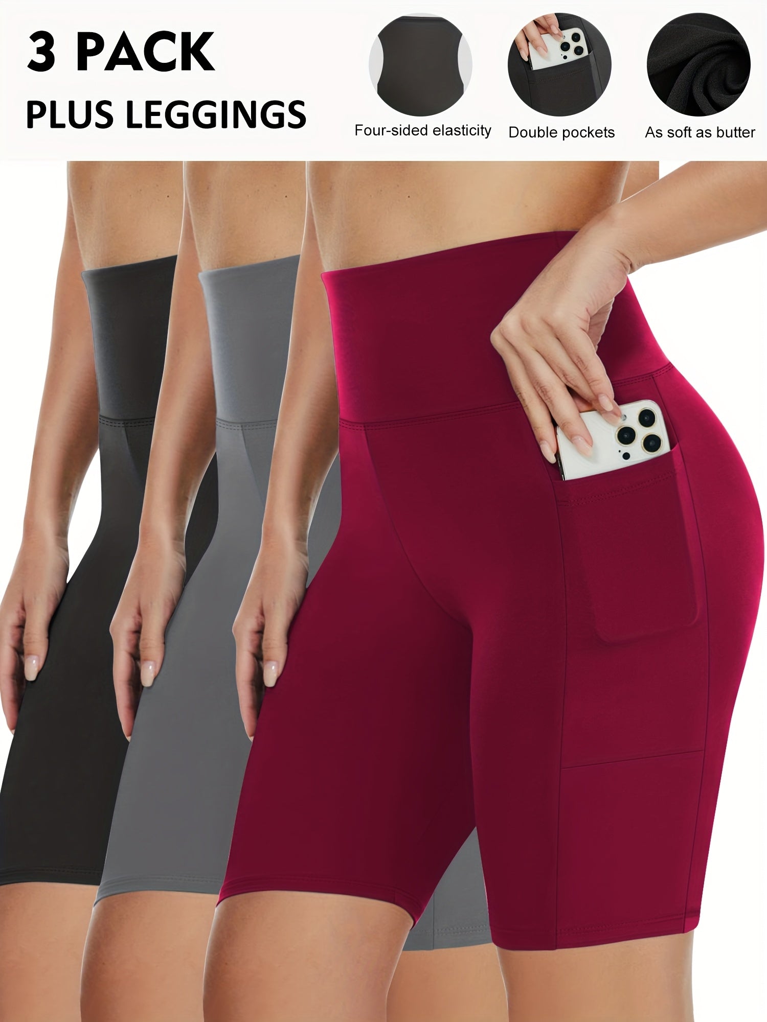 Plus Size Solid Skinny Shorts Casual Stretchy Side Pocket Leggings