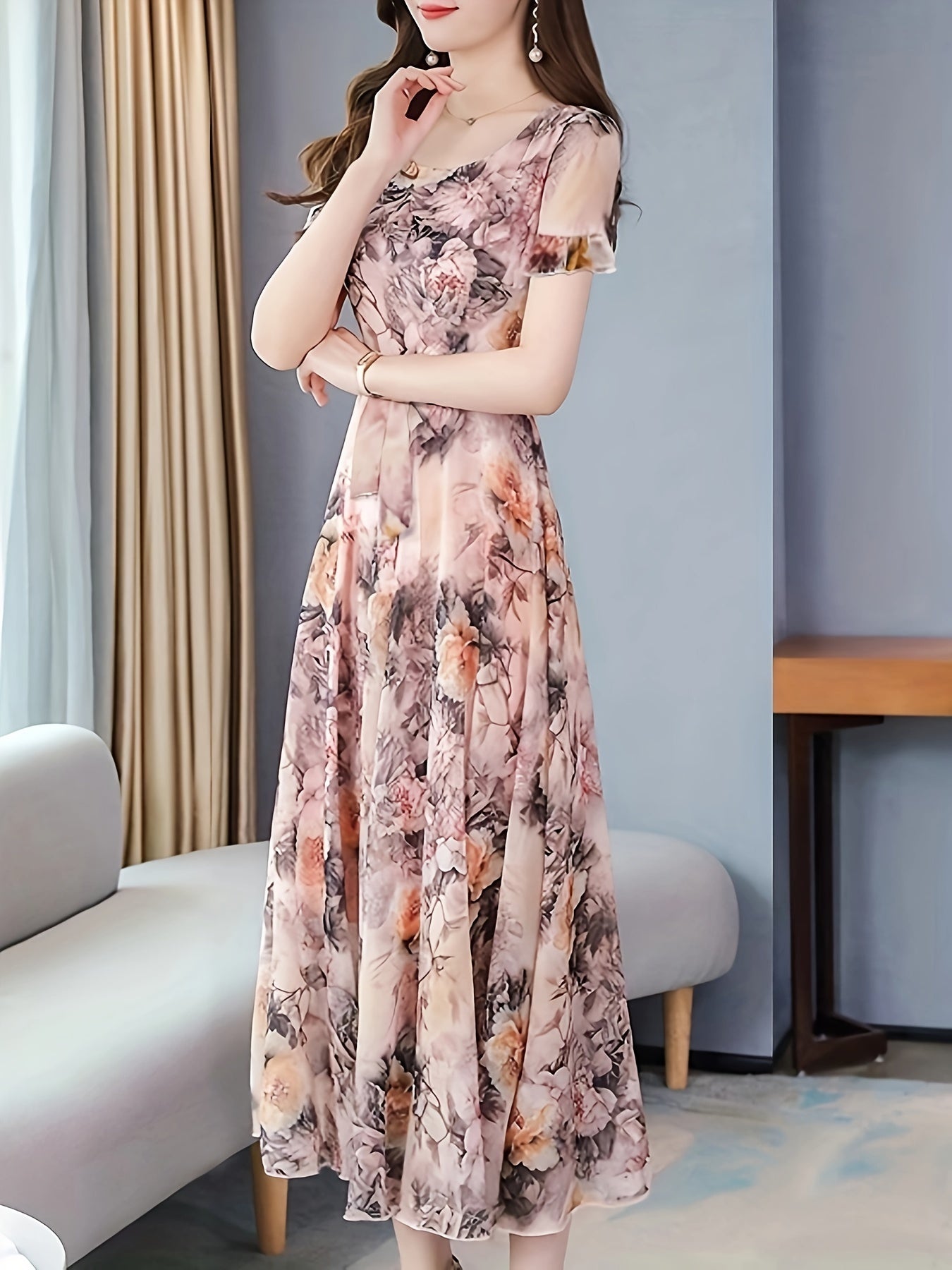 Adult Floral Peony Dress with Semi-Sheer Woven Polyester Fabric and Crew Neck