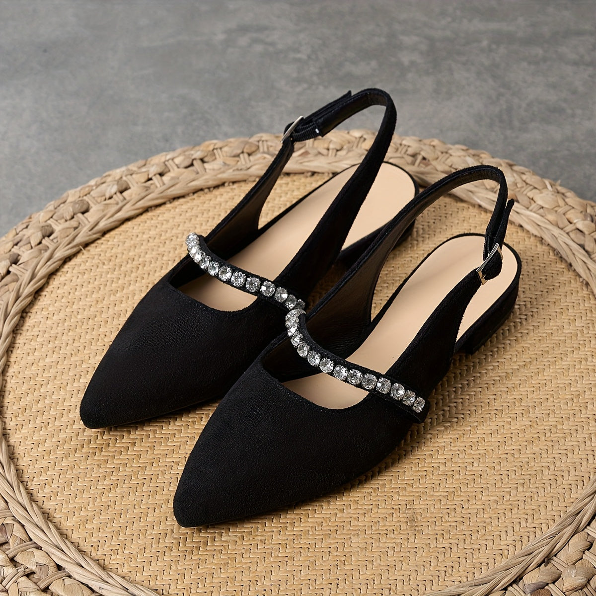 Women's Black Mary Jane Flats with Rhinestone Buckle Pointed Toe