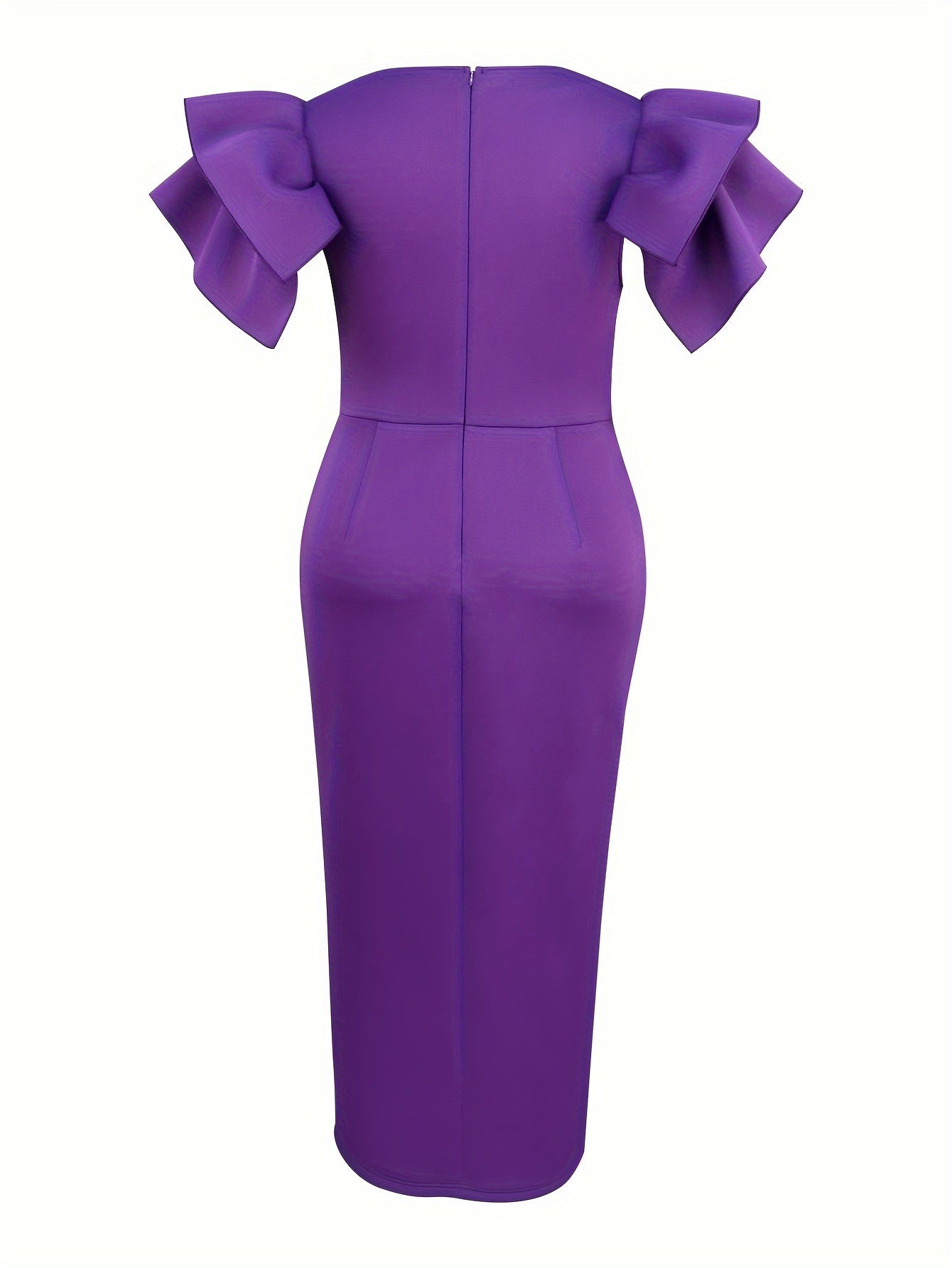 Women's Elegant Bodycon Evening Dress with Petal Sleeves & High Slit Purple