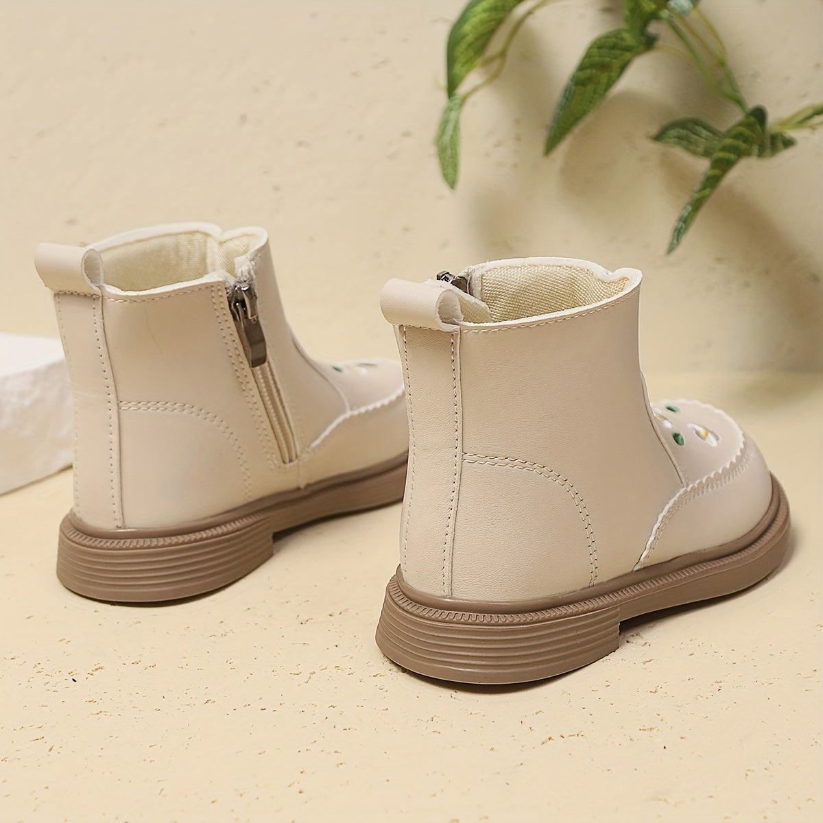 Girls Ankle Boots Floral Embroidery PU Upper Rubber Sole Zipper Closure Fall Winter