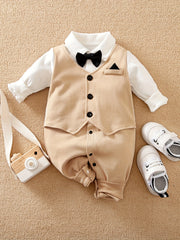 Baby Boy Romper Cotton Long Sleeve Bowknot Spring Fall Casual Regular Fit