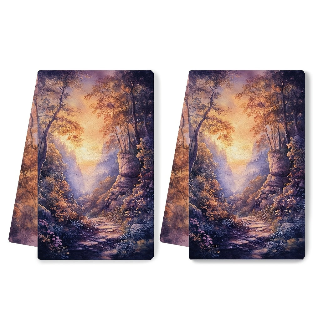 2 ta Ultra Soft Oshxona Sochiqlari to'plami, Sehrli O'rmon Tongi Sahnasi bilan, Super O'zlashtiruvchi va Oson Tozalash uchun Idish Qo'lsochiqlari, 40.64x60.96 sm, Uy uchun Go'zal Tabiatga Ilhomlangan Dekor, Idishlarni quritish uchun mukammal