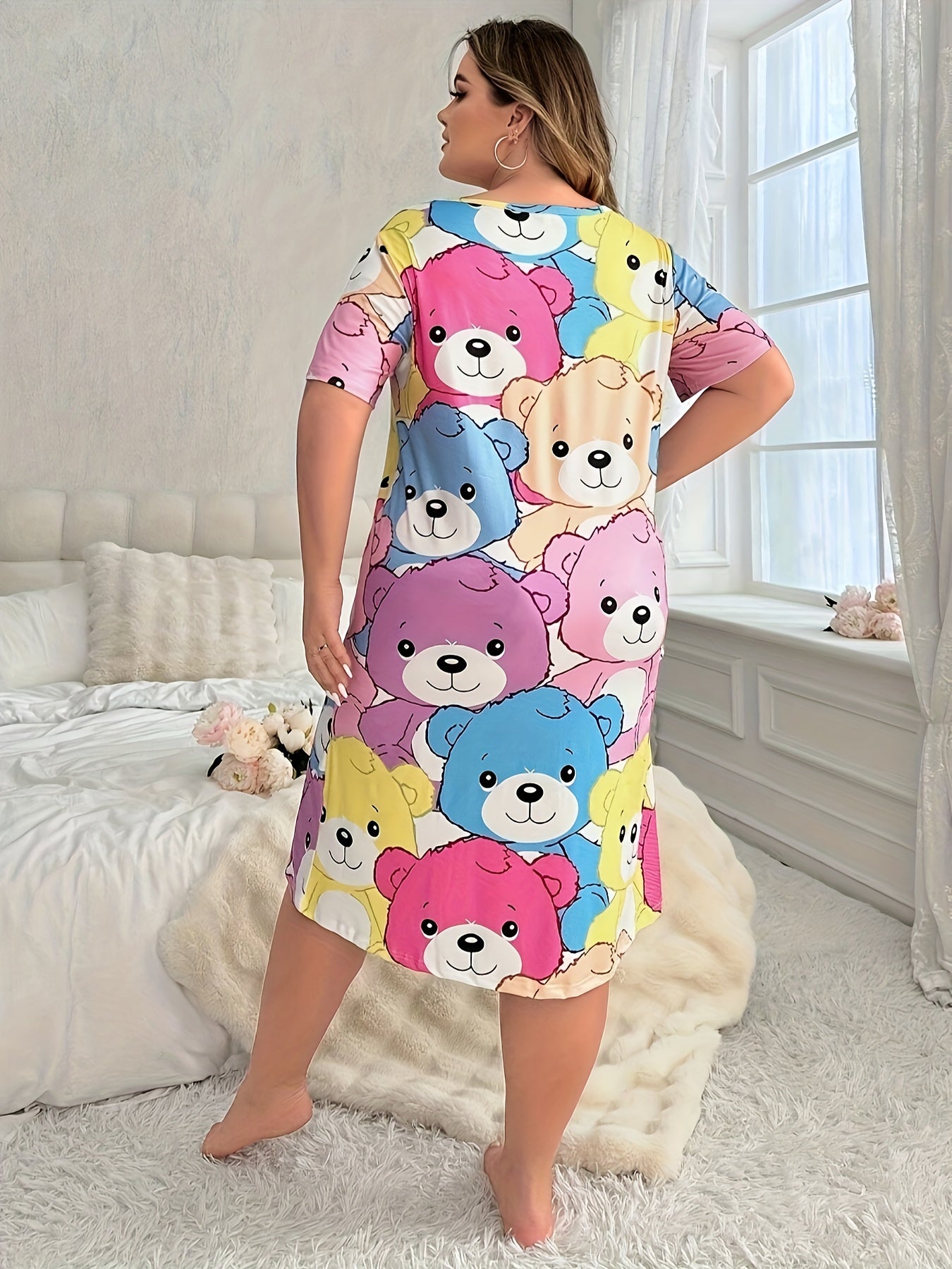 Plus Size Girls Night Dress Cartoon Bear Print Short Sleeve Sleepwear