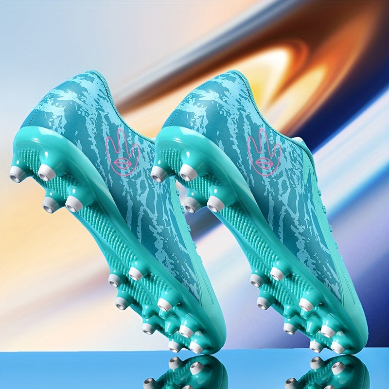Turquoise and Pink Camo High-Top Football Boots with Non-Slip Sole and Shock Absorption for All-Season Soccer Training