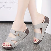 Women's Gray Wedge Slides with Brown Sole Open Toe Double Buckle Straps Casual All-Season