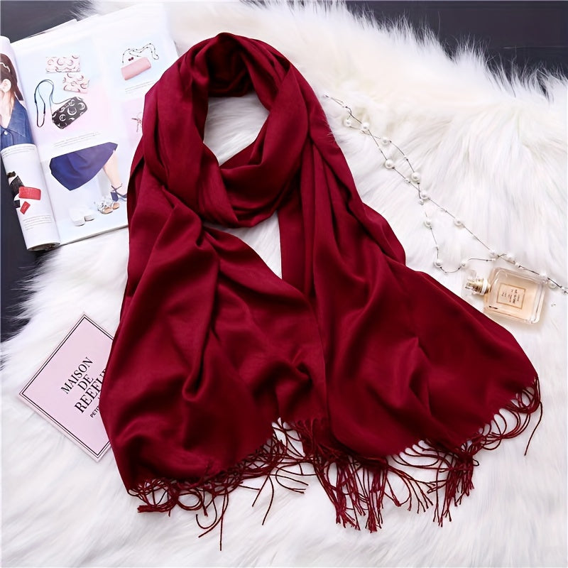 Women’s Tassel Scarf Solid Color Soft Polyester Cozy Windproof Wrap