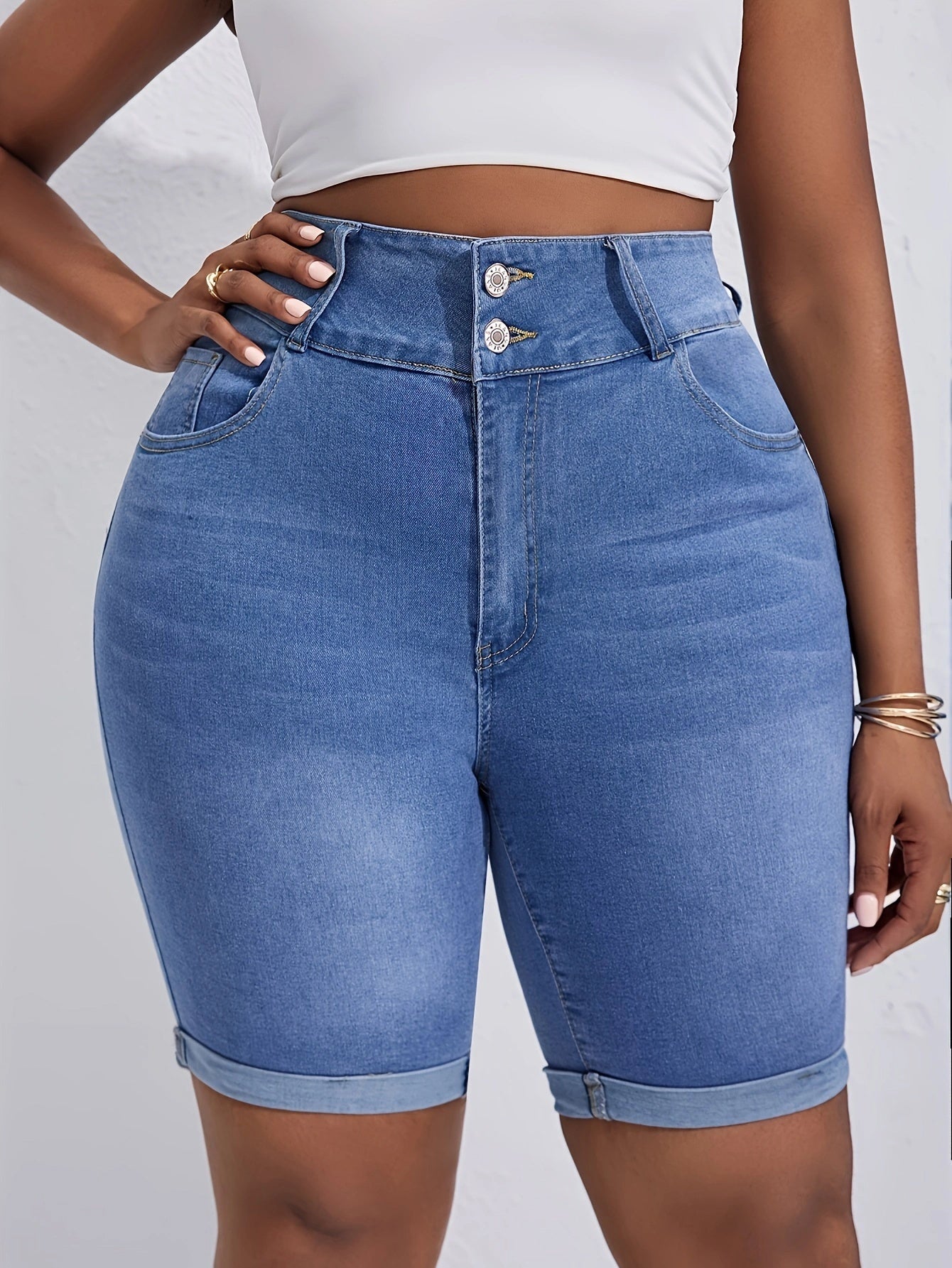Women's High-Waist Skinny Denim Shorts Light Wash Blue Casual Summer