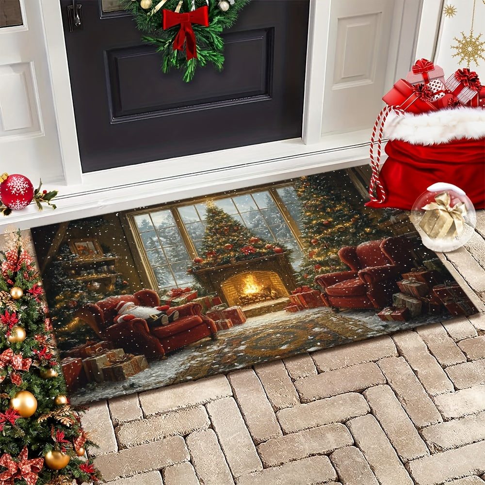 Non-Slip Christmas Doormat with Santa Fireplace Design Washable Polyester Rectangular Floor Mat