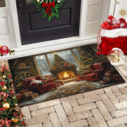 Non-Slip Christmas Doormat with Santa Fireplace Design Washable Polyester Rectangular Floor Mat