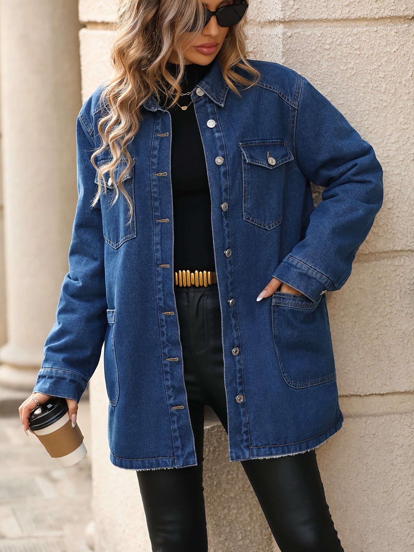 Women's Fleece-Lined Denim Jacket with Lapel Collar Button Front Solid Color Autumn Outerwear