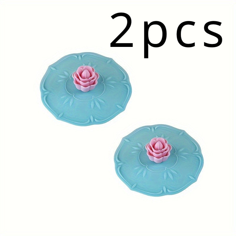 Silicone Cup Lid Set of 2 with Rose Flower Design Food-Grade Dust-Proof Odorless