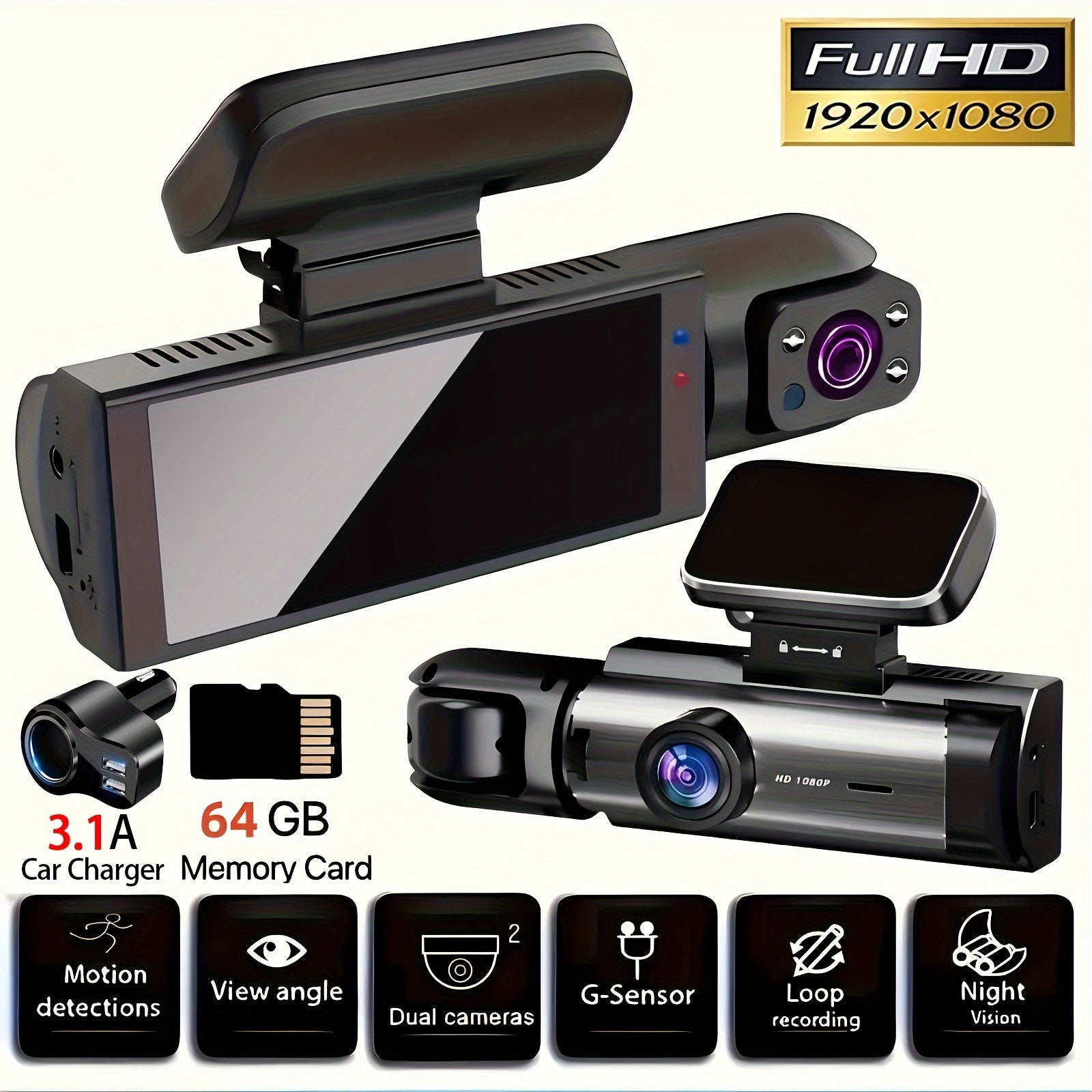Cámara de coche DVR de doble lente HD 1080P con tarjeta de 64GB, grabación de 12 horas, bucle automático, pantalla IPS
