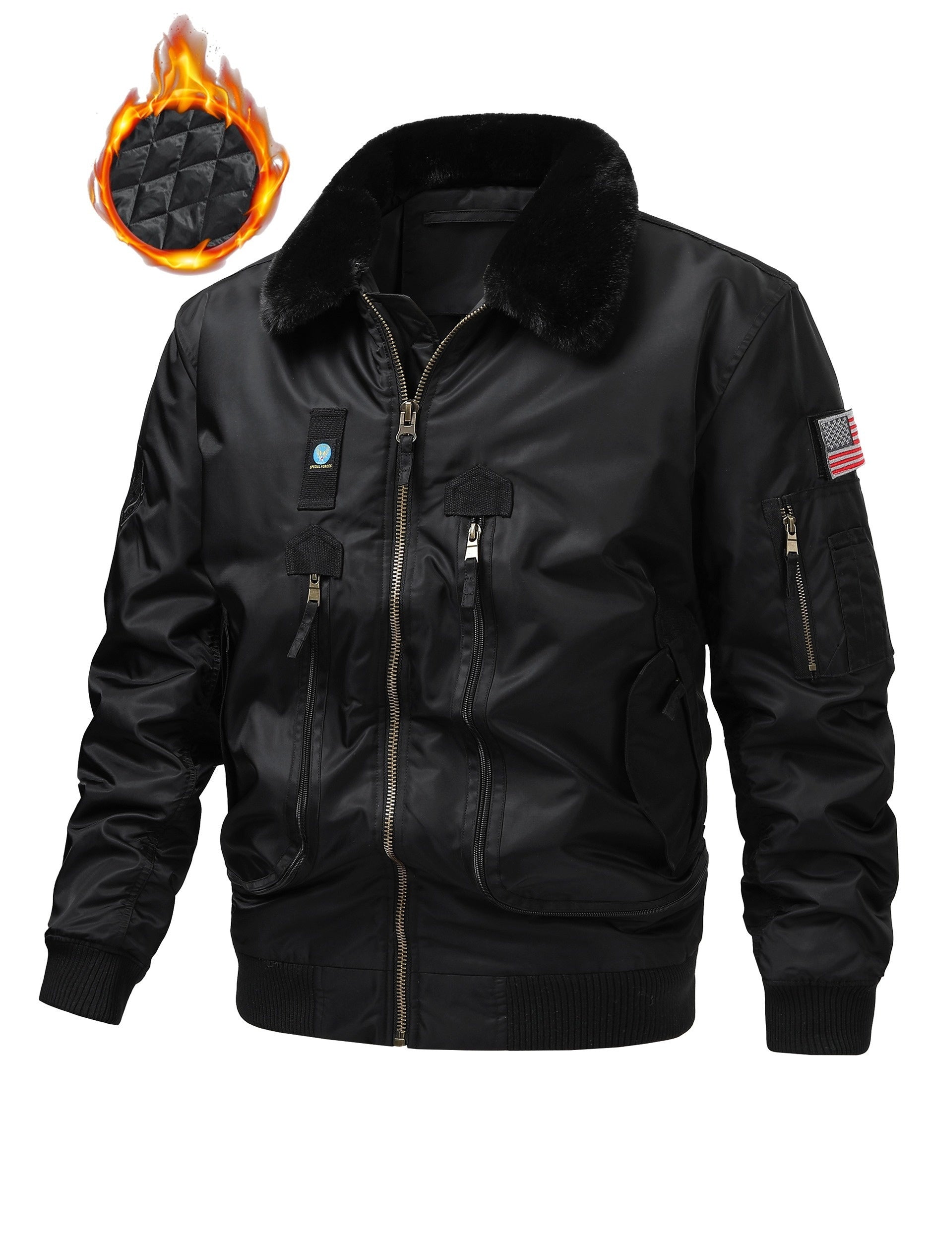 Men's Plus Size Military Flight Jacket with Faux Fur Collar Nylon Zipper Pockets