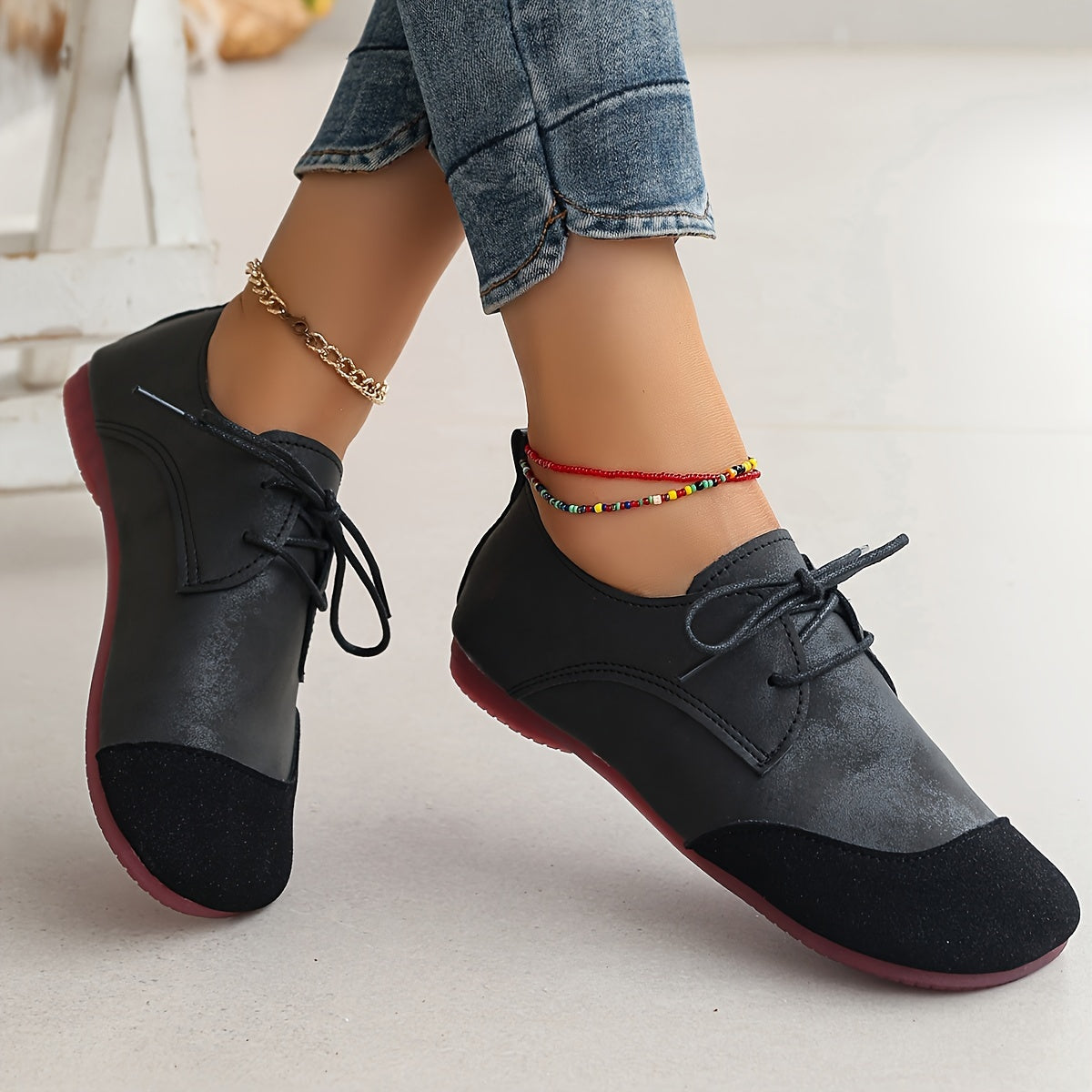 Zapatos planos de suela suave para mujer para cuatro estaciones con cordones y punta redonda
