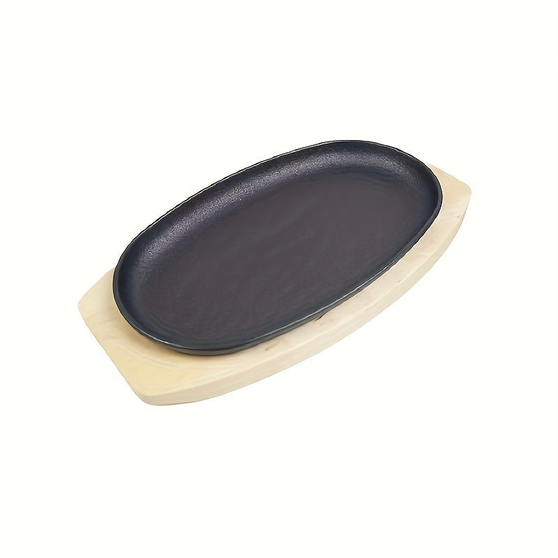 Cast Iron Skillet Set with Wooden Base and Iron Fork for Steak Griddle Cooking Uncoated