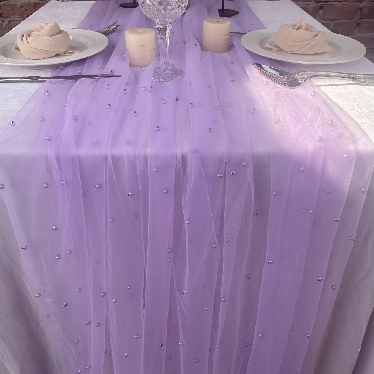Pearl Lace Embroidered Table Runner for Wedding Arch Bridal Shower Event White Chiffon Tulle
