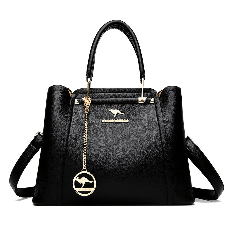 Women's Black Faux Leather Handbag with Detachable Shoulder Strap and Anti-Theft Design