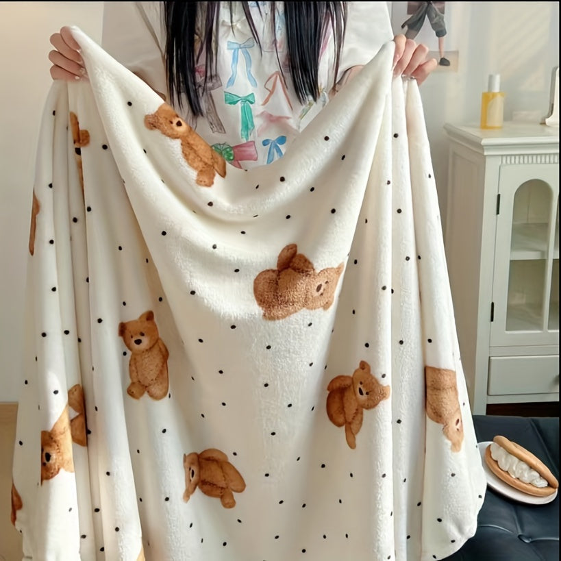 Fleece Throw Blanket with Bear and Puppy Prints Ultra-Soft Digital Polyester Lightweight for Sofa Bed or Office
