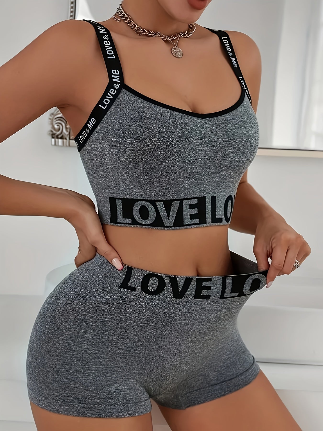 Women’s Sports Yoga Lingerie Set with Alphabet Pattern Polyamide Elastane Comfortable Fit Bra and Shorts