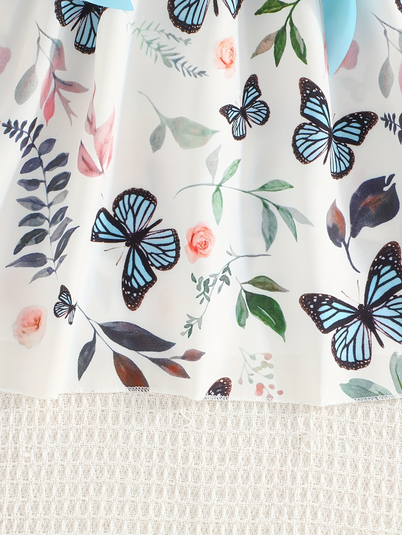 Girls Light Blue Ribbed Cotton Dress with Butterfly Floral Print Flutter Sleeves Belt Summer Casual