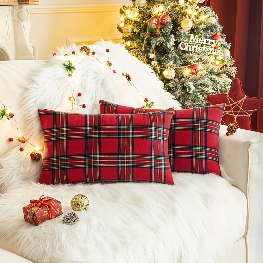 Machine Washable Polyester Throw Pillow Cover with Christmas Plaid Design