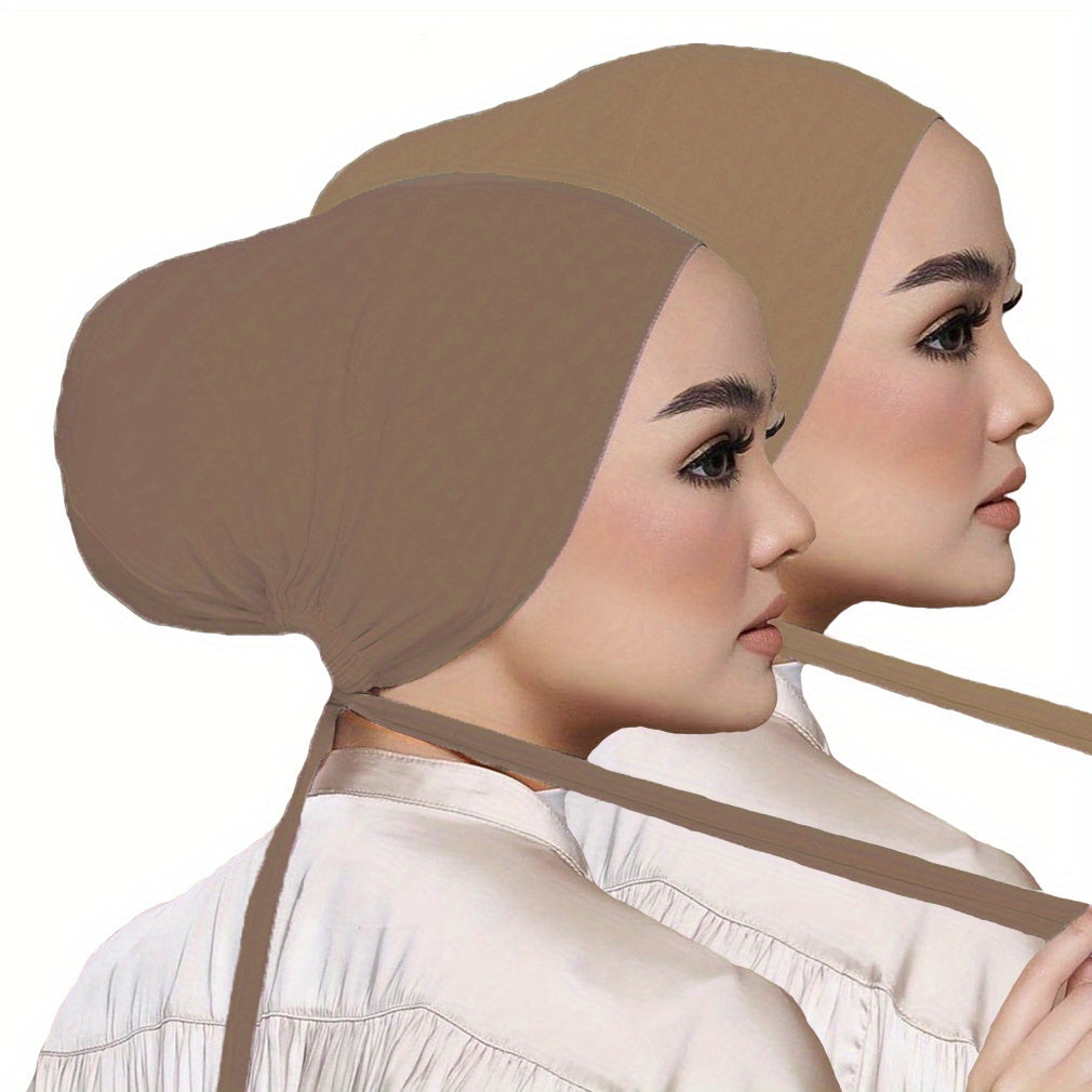 Set of 2 Solid Color Tied Back Undercaps with Elastic Inner Hijab Caps for Women