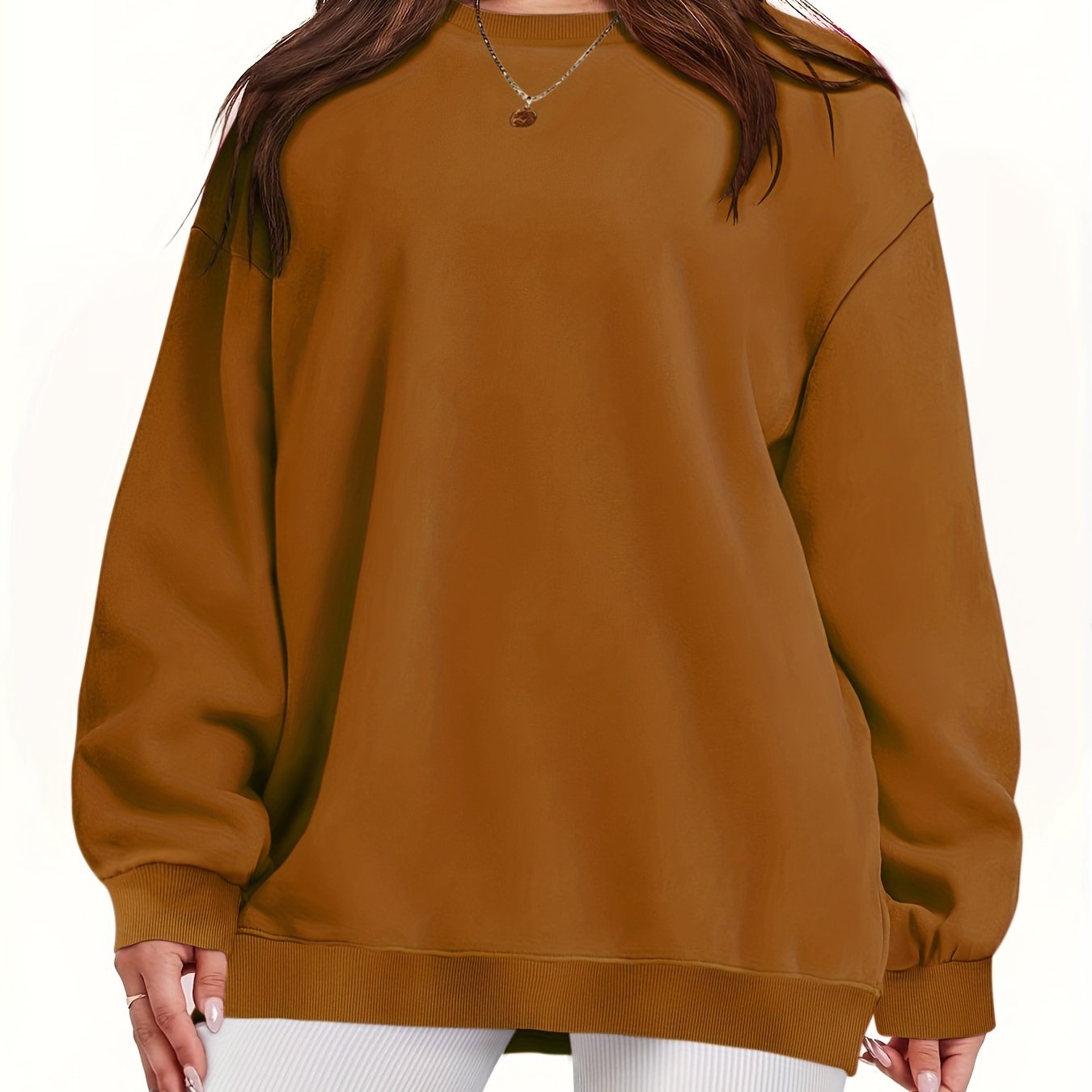 Plus Size Women's Solid Long Sleeve Crew Neck Sweatshirt Casual Fall Spring