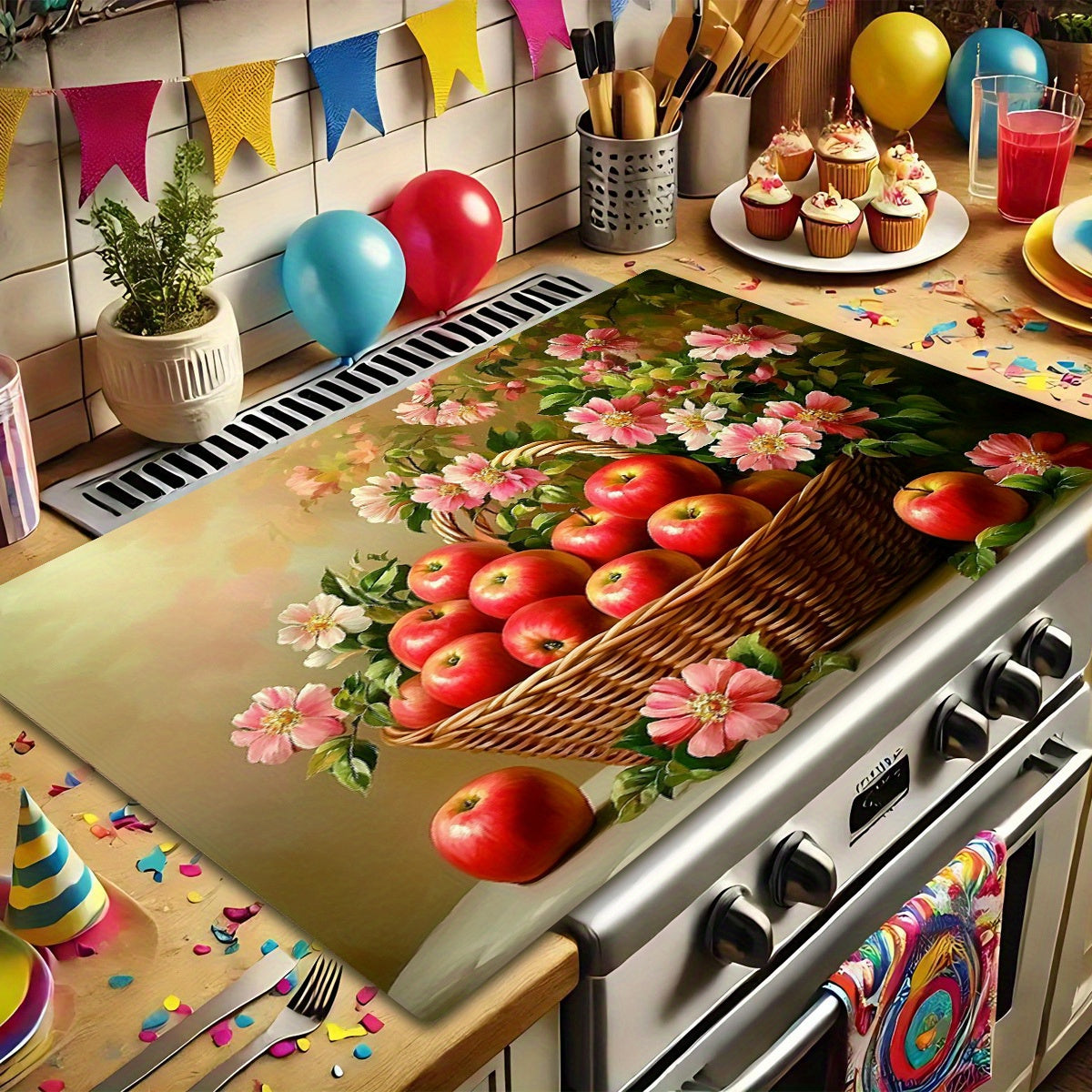 Issiqqa chidamli, chizishga qarshi gaz plitasining ustki qoplamasi, olma va fan gul dizayni bilan, sirpanmaydigan, oson tozalash uchun oshxona stol usti drenaji