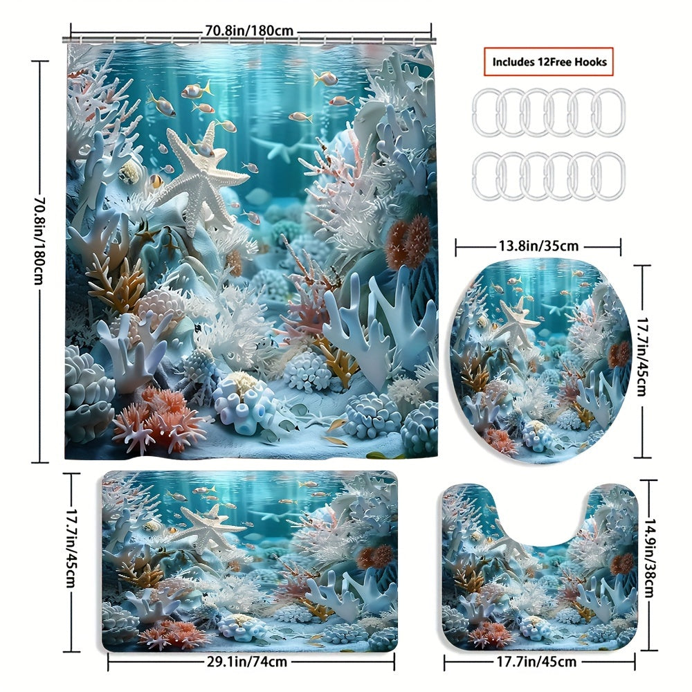 Ocean Style Shower Curtain Set with Shell and Starfish Print Waterproof Bathroom Decor with Non-Slip Mat and Hooks