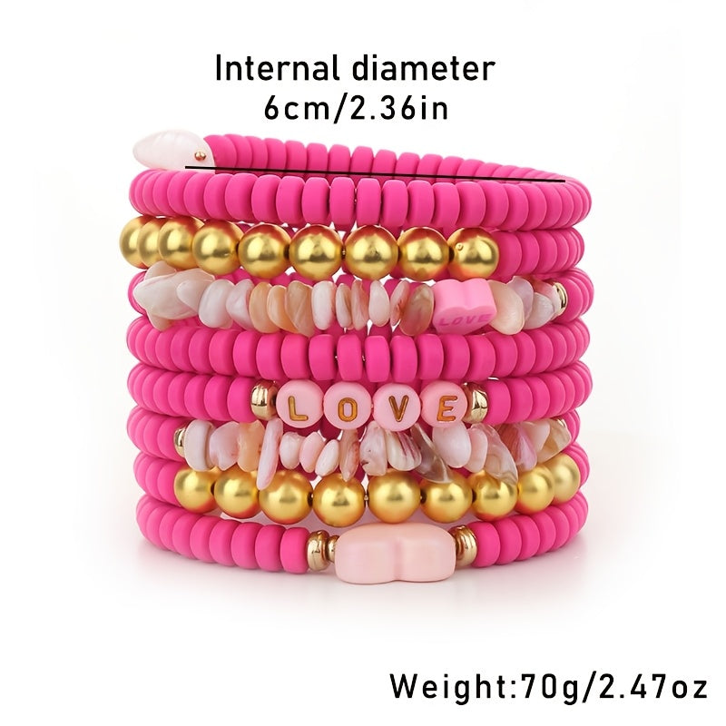 Pink Resin Beaded Heart Love Bracelet for Women Bohemian Style Valentine’s Day Accessory