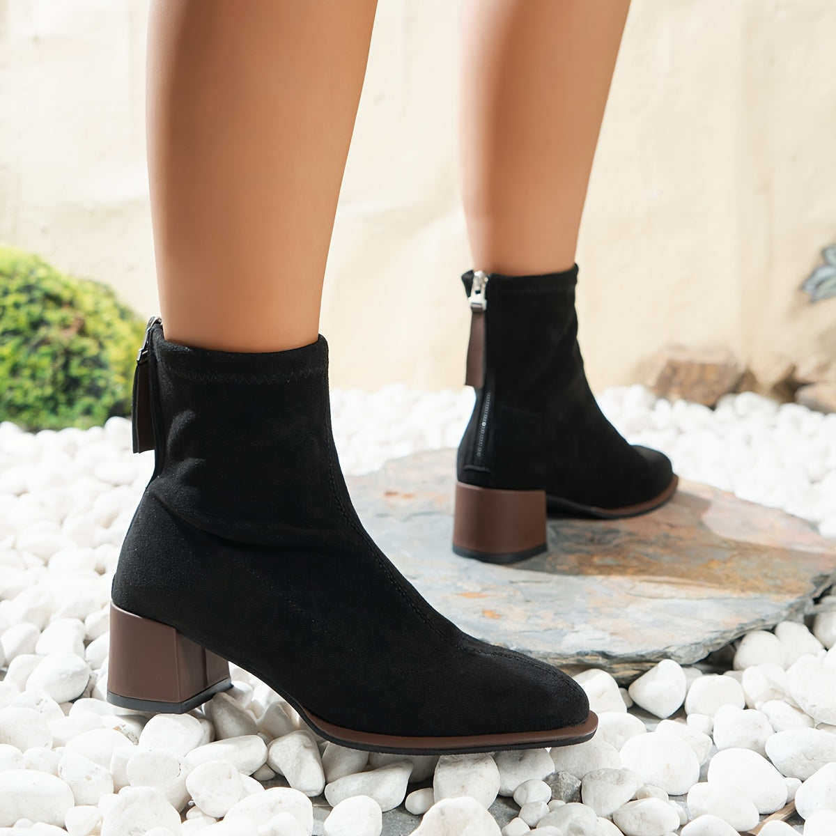 Women's Ankle Boots with Square Toe Flannel Upper Rubber Sole Block Heel