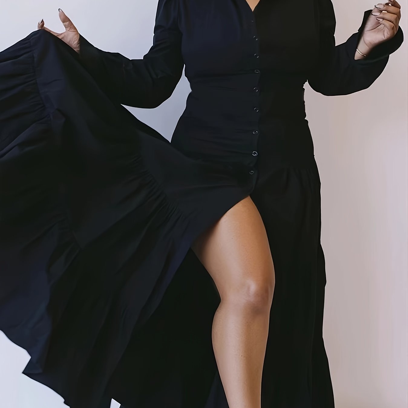 Платье с длинным рукавом и пеплумом для женщин, полиэстеровая смесь, однотонное, тканый воротник-отложной воротник