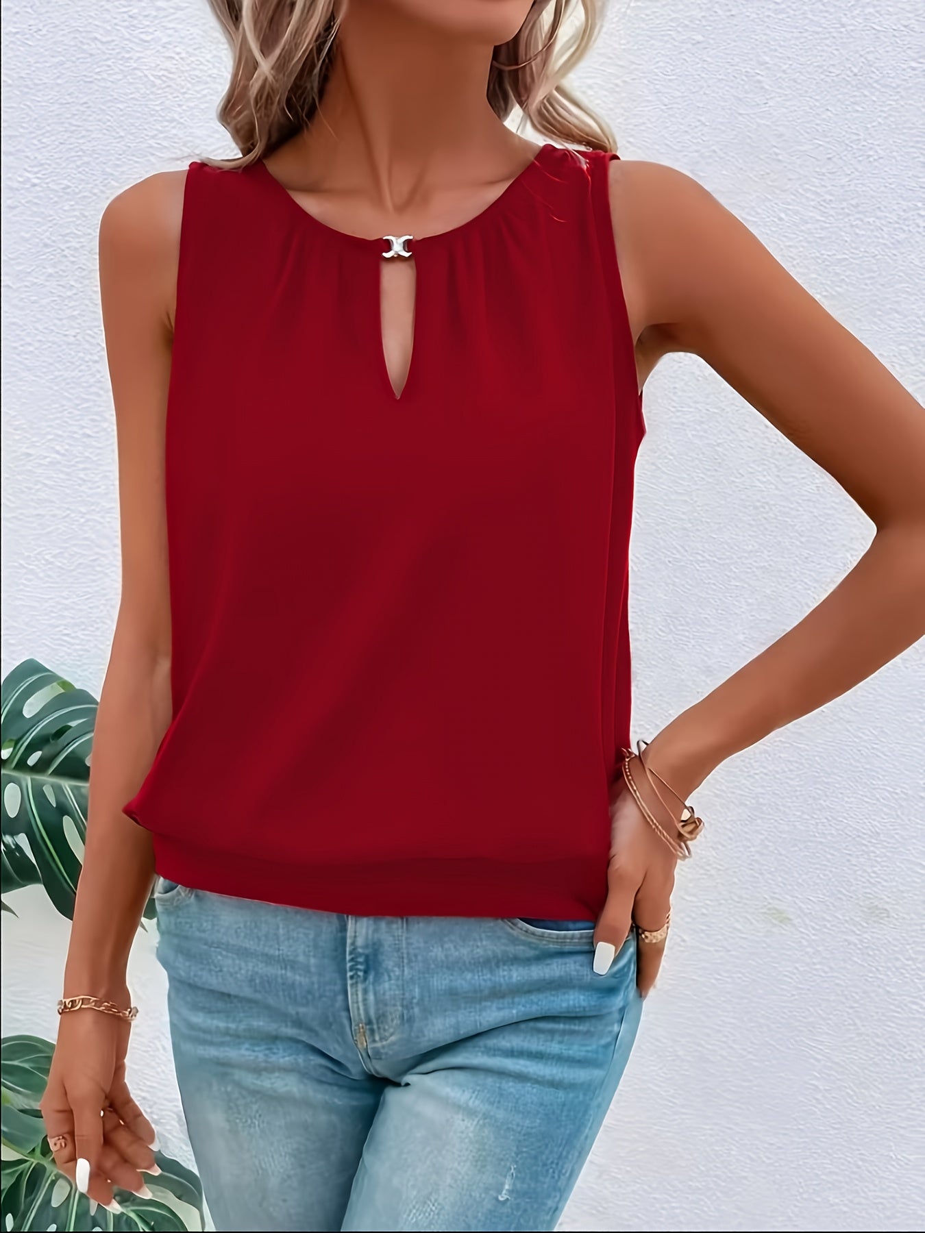 Top de tirantes para mujer talla grande sin mangas con escote en V y abertura en forma de llave para verano casual