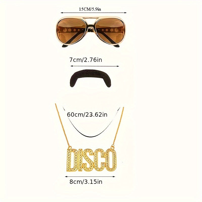 Set of 4 Nylon Coily Hair Wigs for Men with Glasses Mustache and Disco Necklace