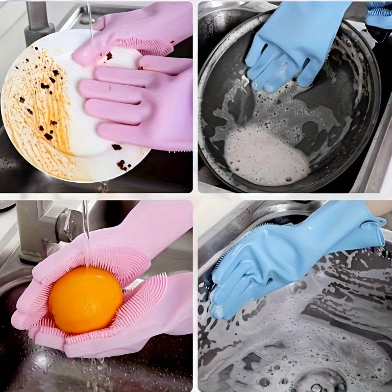 Waterproof Silicone Dishwashing Gloves Set of 2 Pink Blue Lead-Free Kitchen Household