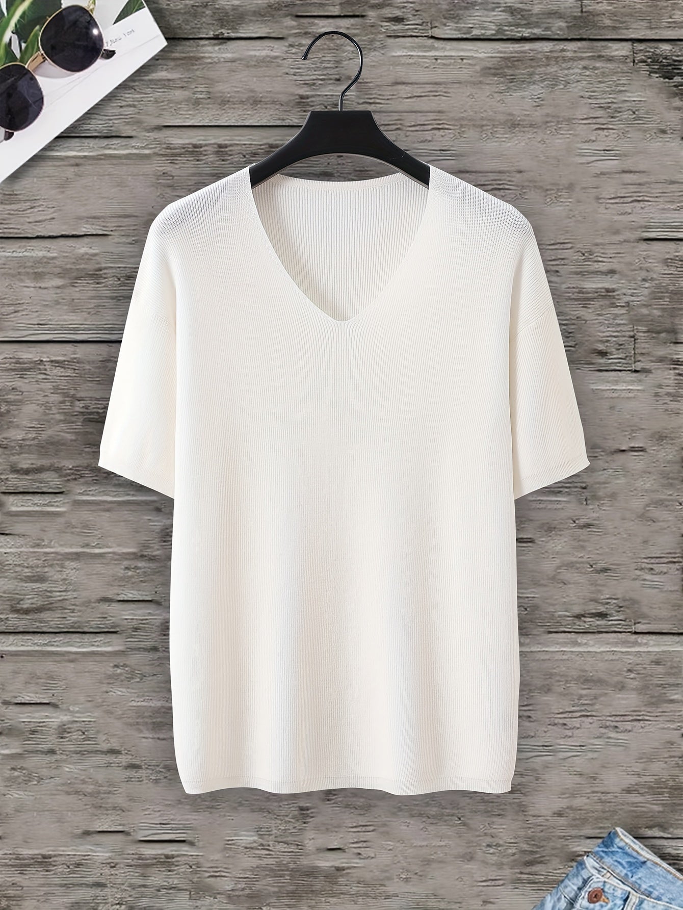 Men's Plus-Size Casual V-Neck Knit Sweater Summer Loose Fit Solid Color