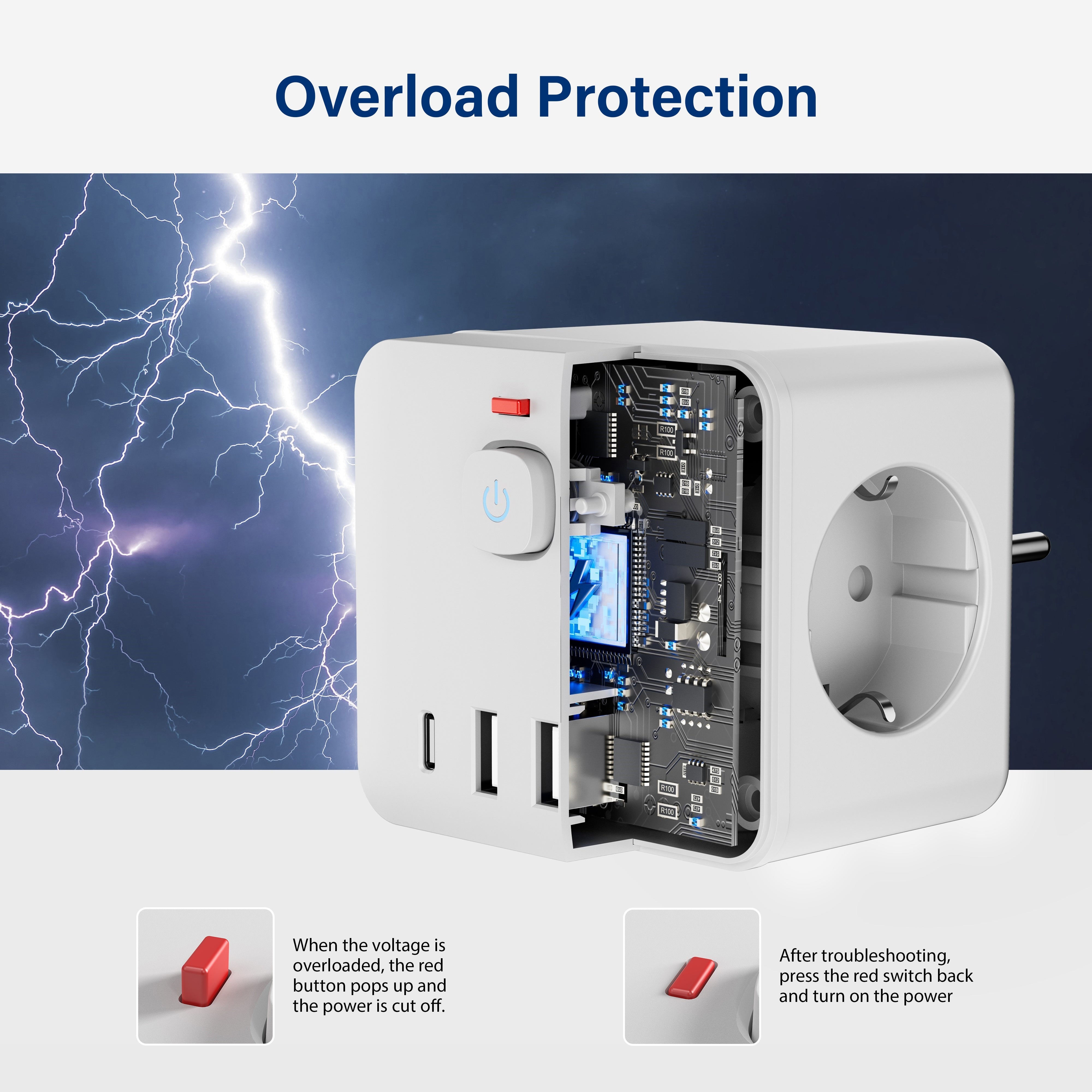 Multi-Functional Power Socket Extender with USB-C and USB Ports for Home Office Travel