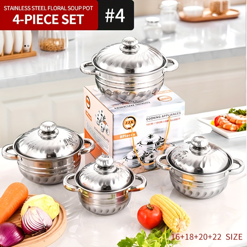 Stainless Steel Kitchen Pot Set 4 Pieces Flower Pot Design Soup Pot for Home Use