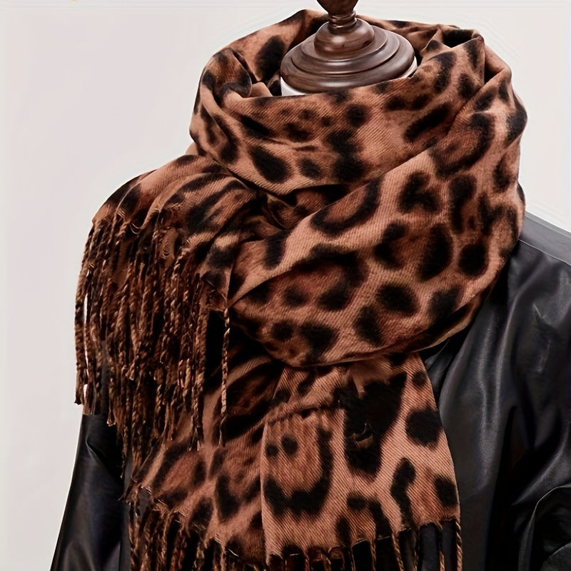 Women's Leopard Print Scarf Polyester Tassel Shawl for Autumn Winter